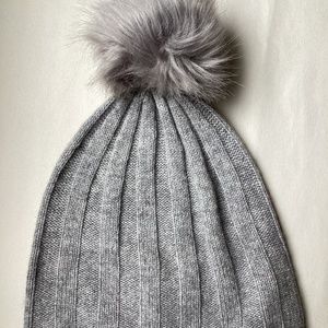 Gray Cashmere Womens Beanie with Pom-Pom